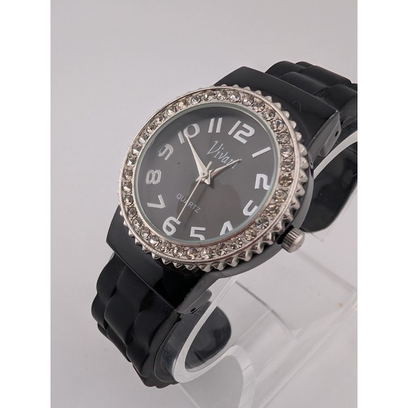 Vivani Watch Women 34mm Case Rhinestones Black Silicone Bangle Band- New Battery - Picture 2 of 7
